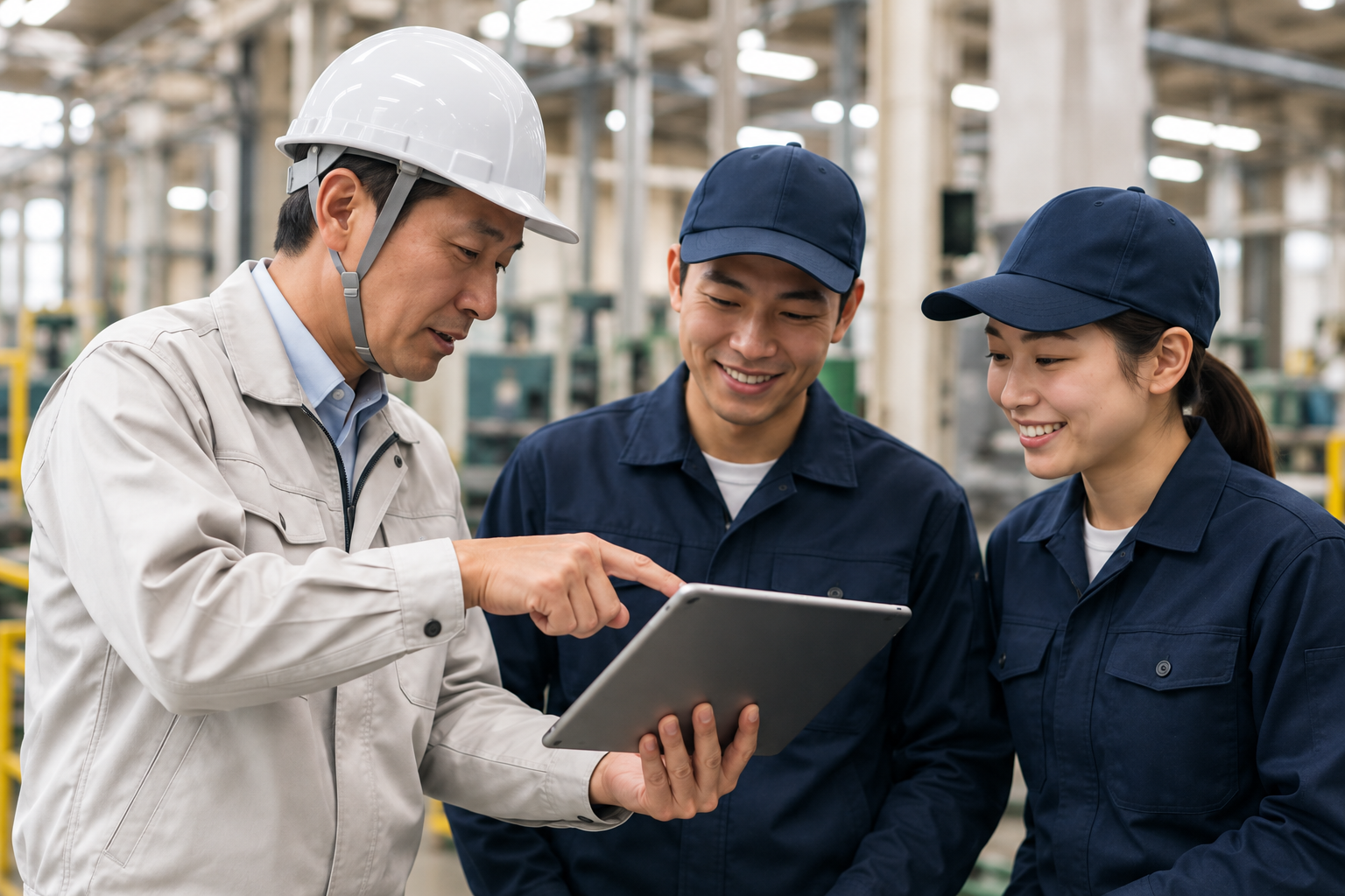 製造現場で、教育担当者と二人のスタッフがタブレットを見ながら作業手順を確認する様子